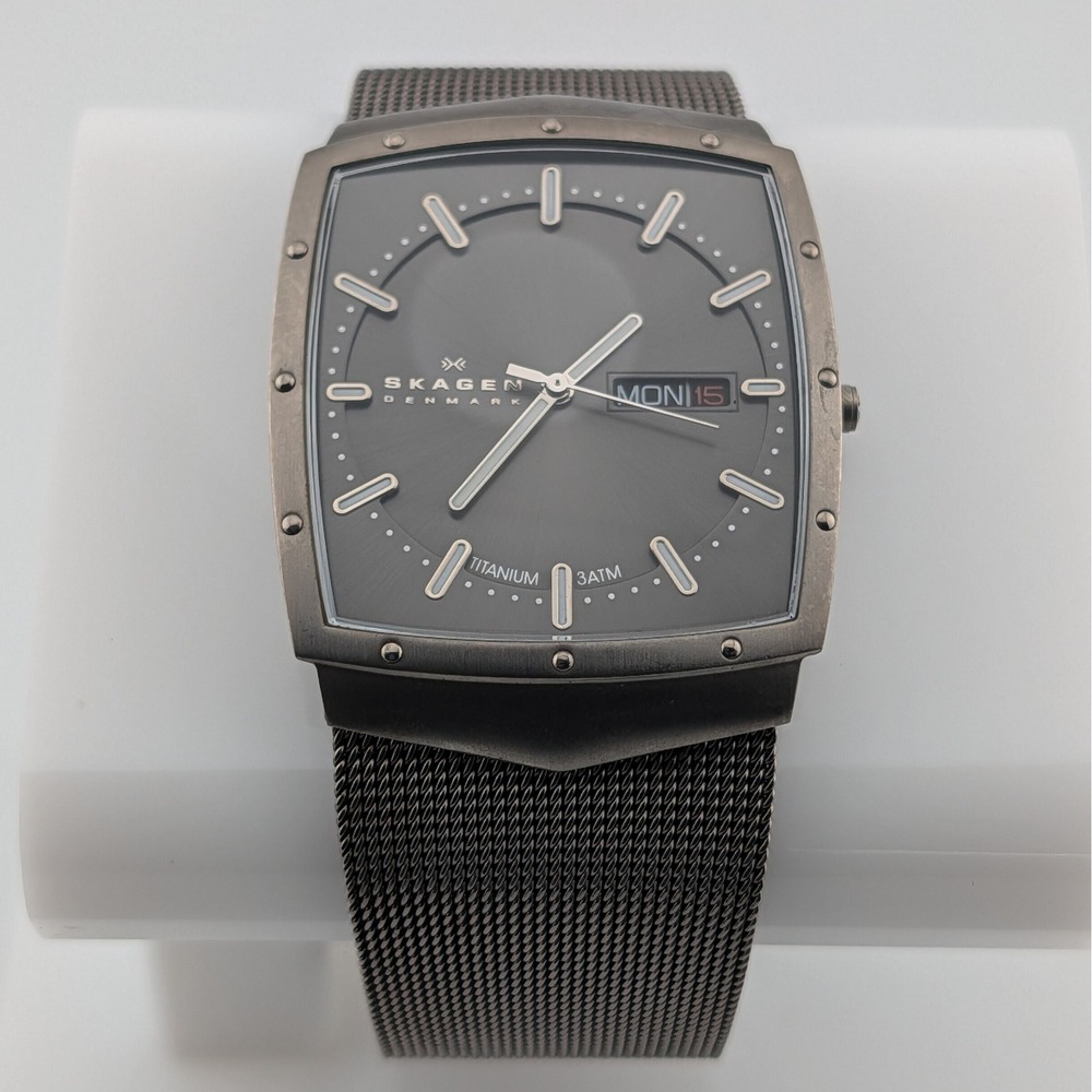 Skagen Denmark 396LTTM Titanium Rectangular Day Date Men's Watch Mesh 8.25"